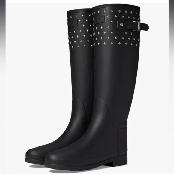 New Hunter Refined Black Stud Cuff Tall Rain Boots Waterproof Wellington  Wellie - Picture 1 of 11